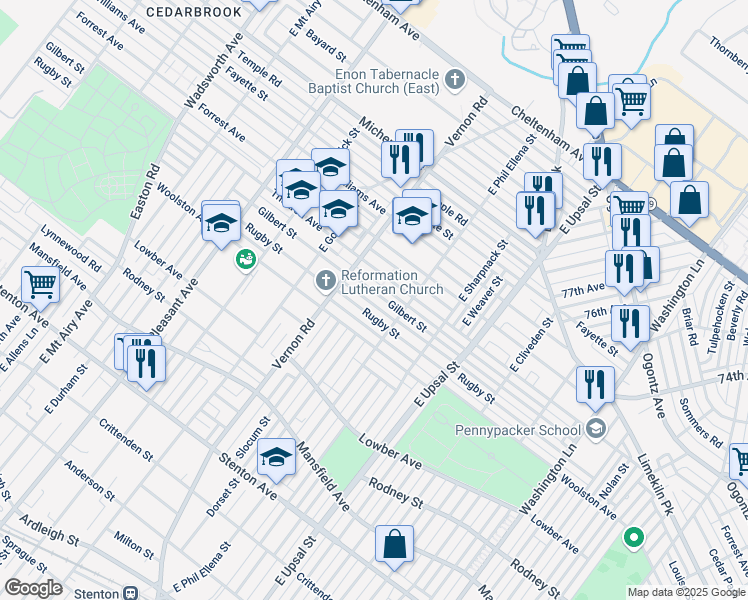 map of restaurants, bars, coffee shops, grocery stores, and more near 7911 Rugby Street in Philadelphia