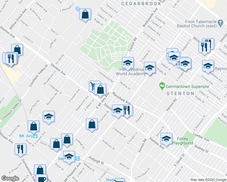 map of restaurants, bars, coffee shops, grocery stores, and more near 8236 Mansfield Avenue in Philadelphia