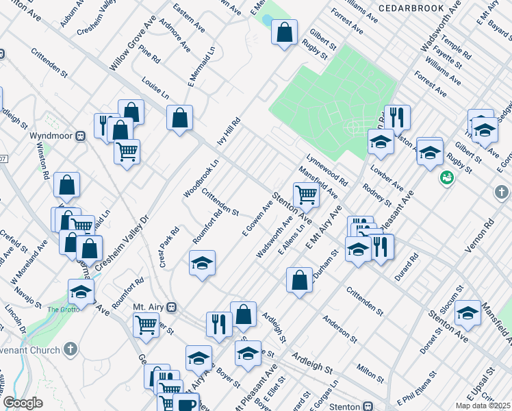 map of restaurants, bars, coffee shops, grocery stores, and more near 411 East Gowen Avenue in Philadelphia