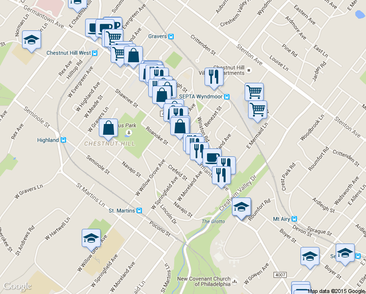 map of restaurants, bars, coffee shops, grocery stores, and more near 7924 Roanoke Street in Philadelphia