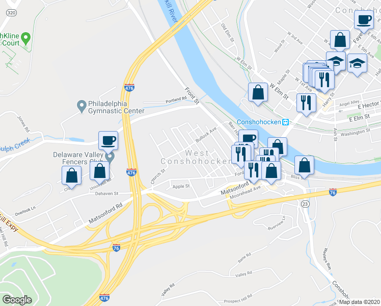 map of restaurants, bars, coffee shops, grocery stores, and more near 405 Bullock Avenue in Conshohocken