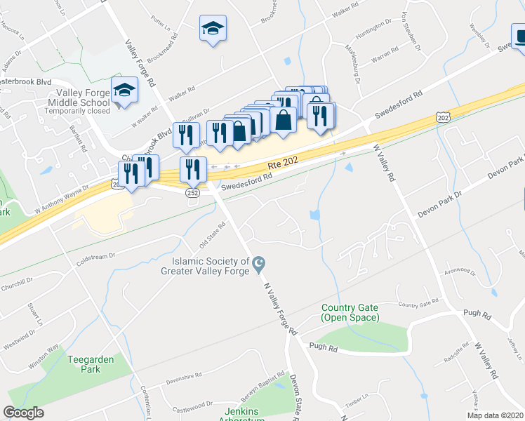 map of restaurants, bars, coffee shops, grocery stores, and more near 292 Old Forge Crossing in Devon