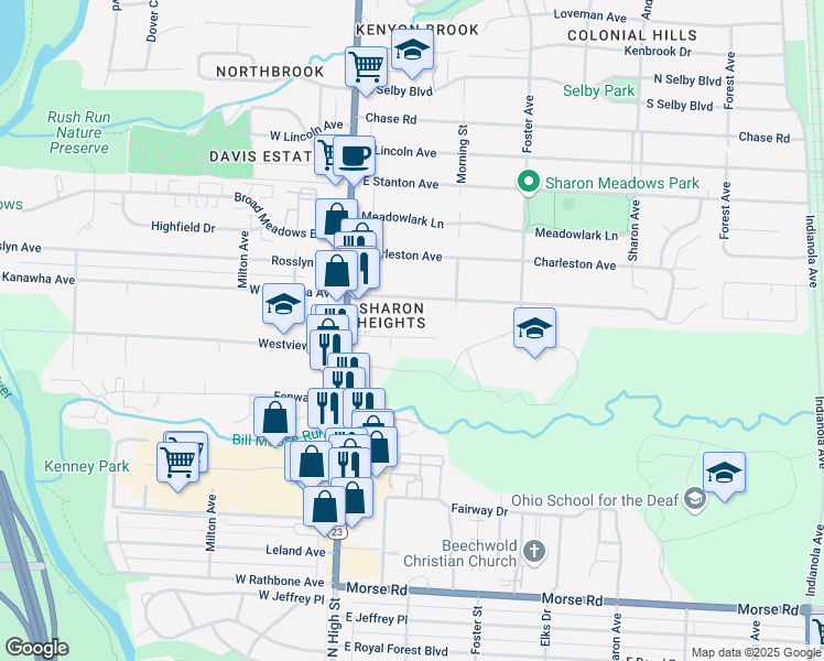 map of restaurants, bars, coffee shops, grocery stores, and more near 87 Sunnyside Lane in Columbus