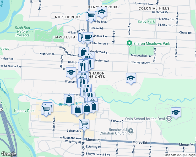 map of restaurants, bars, coffee shops, grocery stores, and more near 45-47 Sunnyside Lane in Columbus