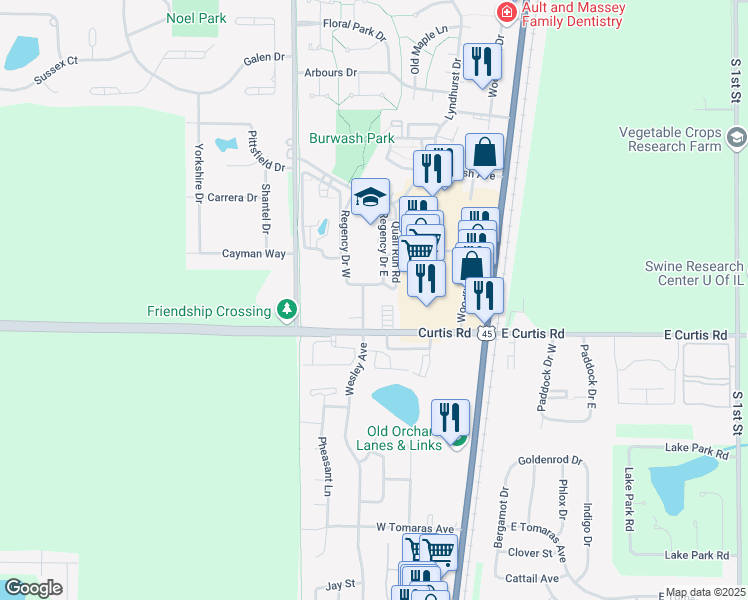 map of restaurants, bars, coffee shops, grocery stores, and more near 1202 Wesley Avenue in Savoy