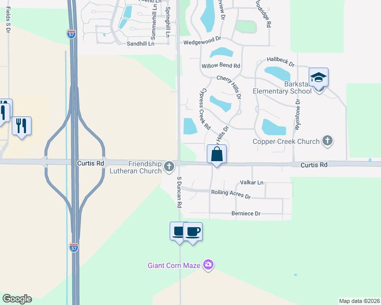 map of restaurants, bars, coffee shops, grocery stores, and more near 2811 County Road 1300 North in Champaign