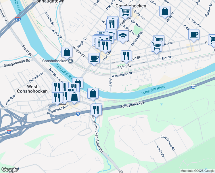 map of restaurants, bars, coffee shops, grocery stores, and more near 2 Ash Street in Conshohocken