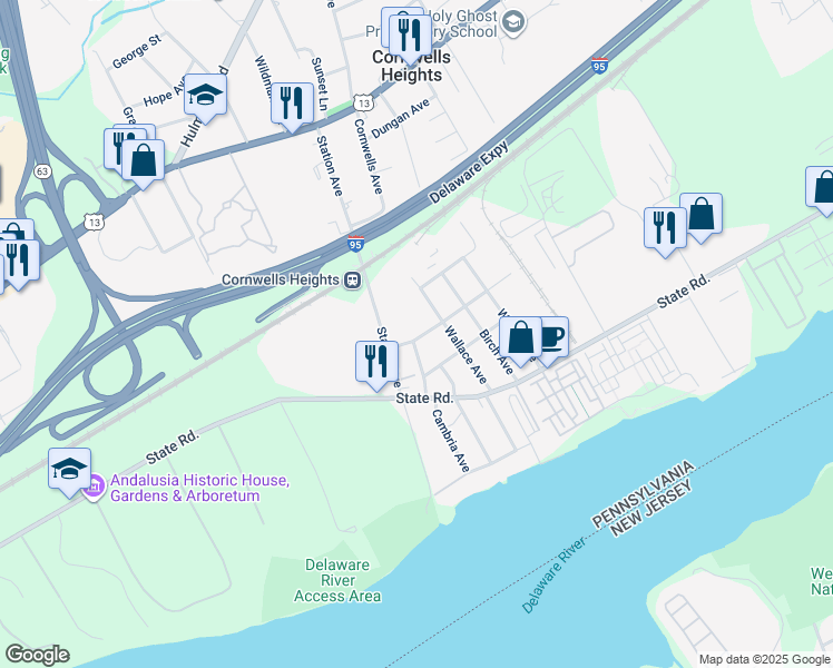 map of restaurants, bars, coffee shops, grocery stores, and more near 2054 New York Avenue in Bensalem