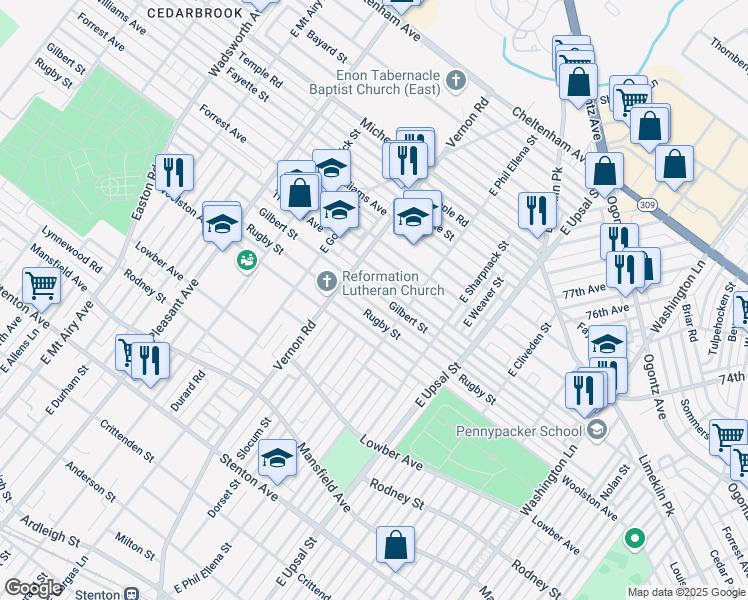 map of restaurants, bars, coffee shops, grocery stores, and more near 7934 Gilbert Street in Philadelphia