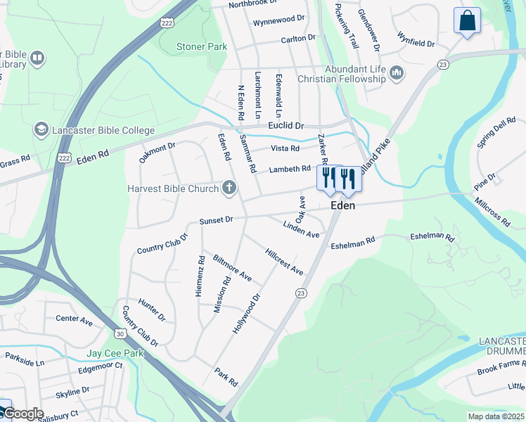 map of restaurants, bars, coffee shops, grocery stores, and more near 1533 Eden Road in Lancaster