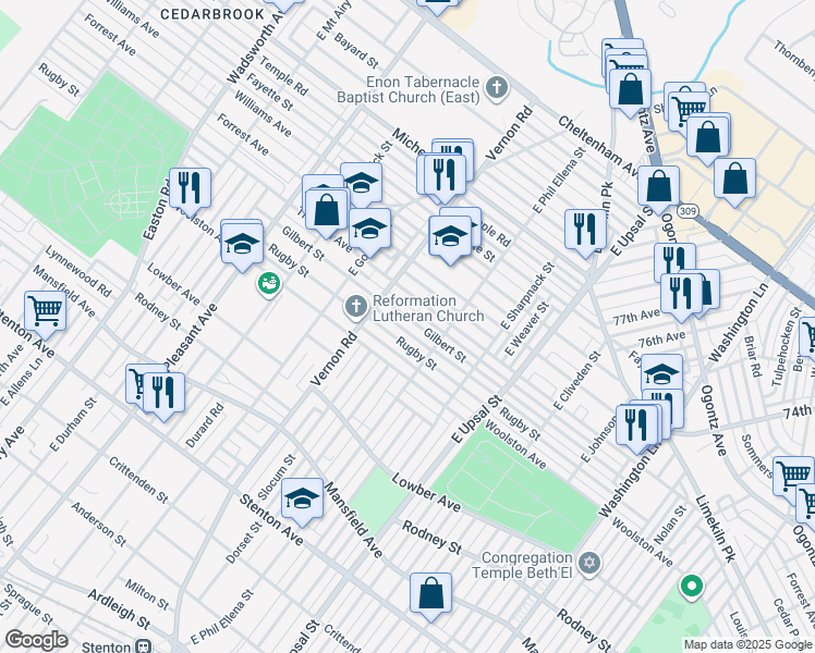map of restaurants, bars, coffee shops, grocery stores, and more near 7911 Rugby Street in Philadelphia