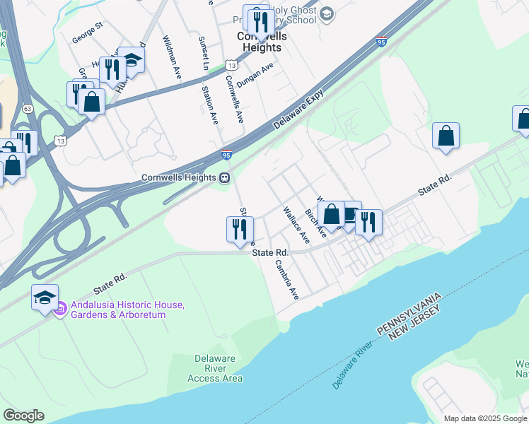 map of restaurants, bars, coffee shops, grocery stores, and more near 2054 New York Avenue in Bensalem