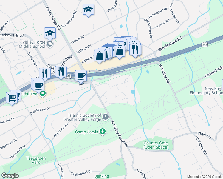 map of restaurants, bars, coffee shops, grocery stores, and more near 305 Old Forge Crossing in Devon