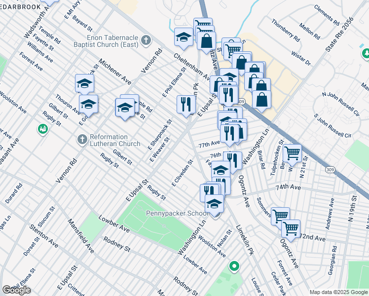 map of restaurants, bars, coffee shops, grocery stores, and more near 7636 Fayette Street in Philadelphia