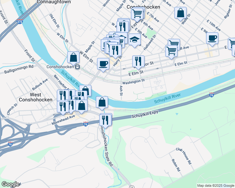 map of restaurants, bars, coffee shops, grocery stores, and more near 2 Ash Street in Conshohocken