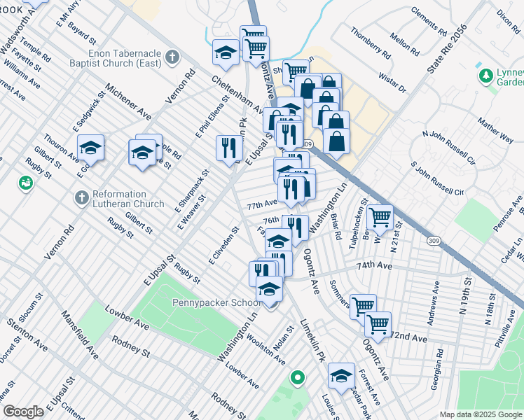 map of restaurants, bars, coffee shops, grocery stores, and more near 2456 76th Avenue in Philadelphia
