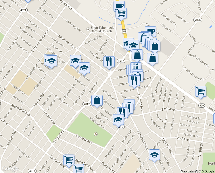map of restaurants, bars, coffee shops, grocery stores, and more near 7636 Fayette Street in Philadelphia