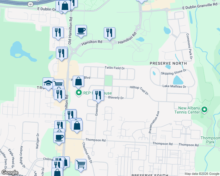 map of restaurants, bars, coffee shops, grocery stores, and more near 4400 Greensbury Drive in New Albany