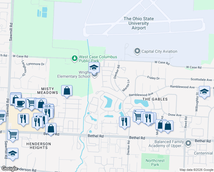 map of restaurants, bars, coffee shops, grocery stores, and more near 2211 Teardrop Avenue in Columbus