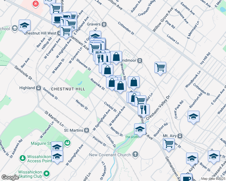 map of restaurants, bars, coffee shops, grocery stores, and more near 7932 Germantown Avenue in Philadelphia