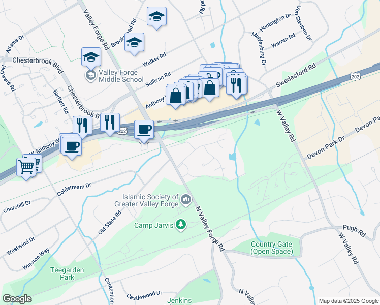 map of restaurants, bars, coffee shops, grocery stores, and more near 82 Old Forge Crossing in Devon