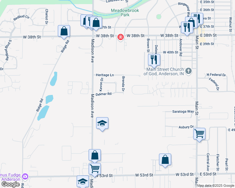 map of restaurants, bars, coffee shops, grocery stores, and more near 719 Delmar Road in Anderson