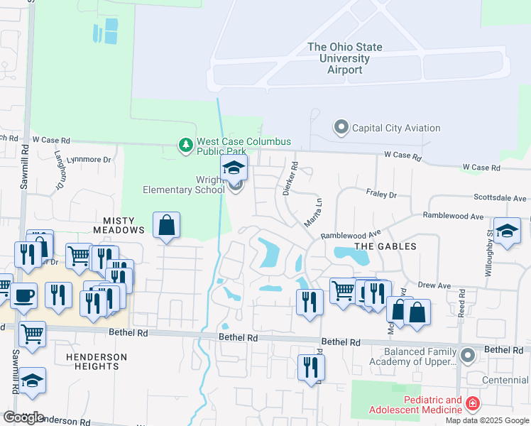 map of restaurants, bars, coffee shops, grocery stores, and more near 2338 Antigua Drive in Columbus