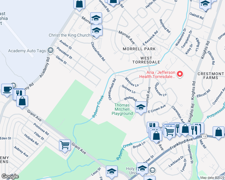 map of restaurants, bars, coffee shops, grocery stores, and more near 3635 Chesterfield Road in Philadelphia