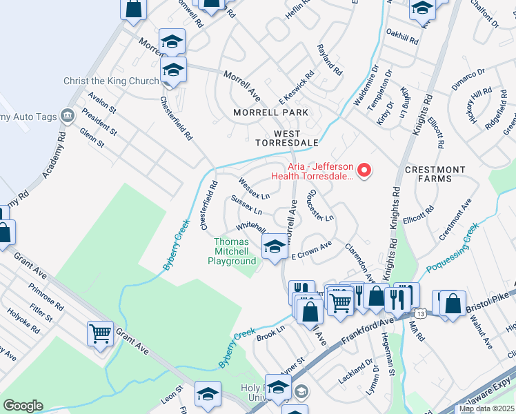 map of restaurants, bars, coffee shops, grocery stores, and more near 3526 Sussex Lane in Philadelphia