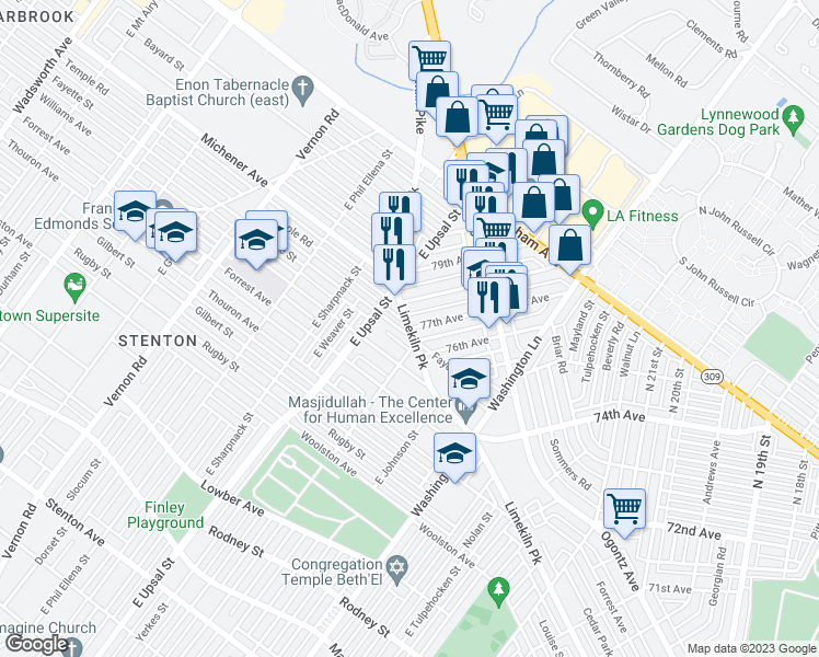 map of restaurants, bars, coffee shops, grocery stores, and more near Limekiln Pike & 77th Ave in Philadelphia