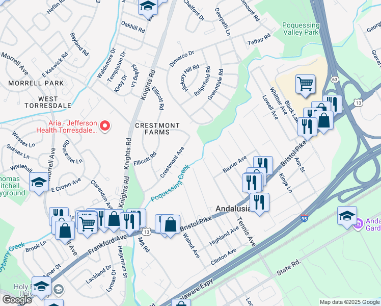 map of restaurants, bars, coffee shops, grocery stores, and more near 10885 Crestmont Avenue in Andalusia