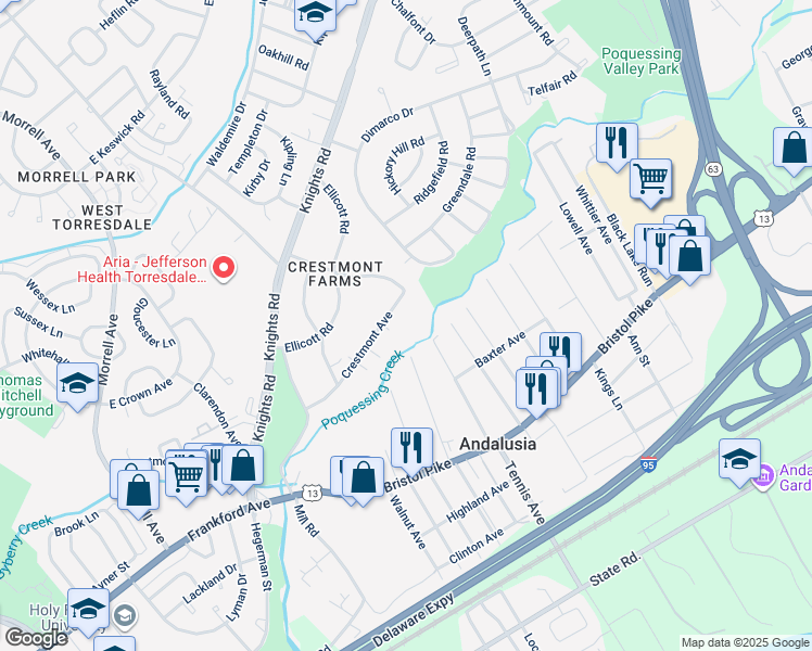 map of restaurants, bars, coffee shops, grocery stores, and more near 10885 Crestmont Avenue in Andalusia