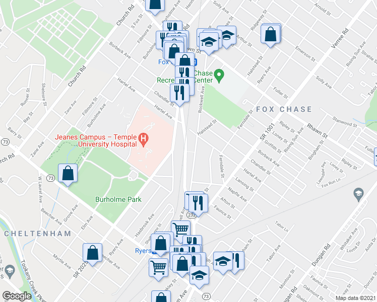 map of restaurants, bars, coffee shops, grocery stores, and more near 7718 Rockwell Avenue in Philadelphia