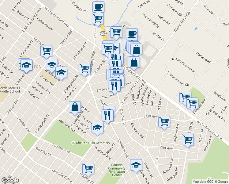 map of restaurants, bars, coffee shops, grocery stores, and more near 7516 Ogontz Avenue in Philadelphia