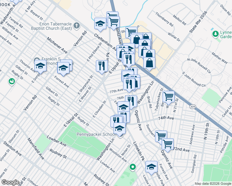 map of restaurants, bars, coffee shops, grocery stores, and more near 2456 76th Avenue in Philadelphia