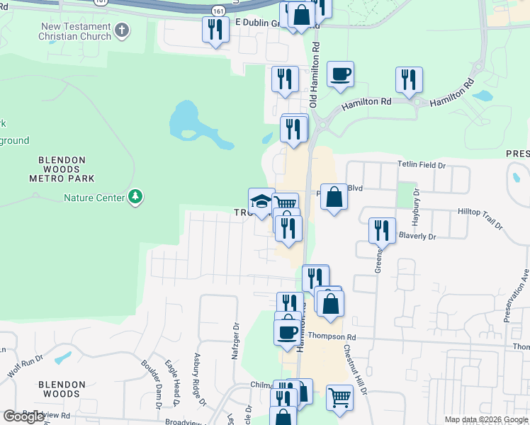 map of restaurants, bars, coffee shops, grocery stores, and more near 5531 North Hamilton Road in Columbus