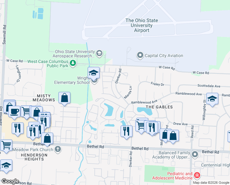 map of restaurants, bars, coffee shops, grocery stores, and more near 2211 Teardrop Avenue in Columbus