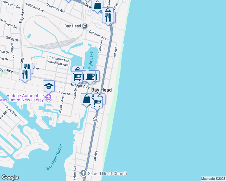 map of restaurants, bars, coffee shops, grocery stores, and more near 1 Bridge Avenue in Bay Head