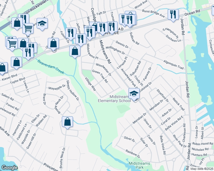 map of restaurants, bars, coffee shops, grocery stores, and more near 69 Nottingham Drive in Brick Township