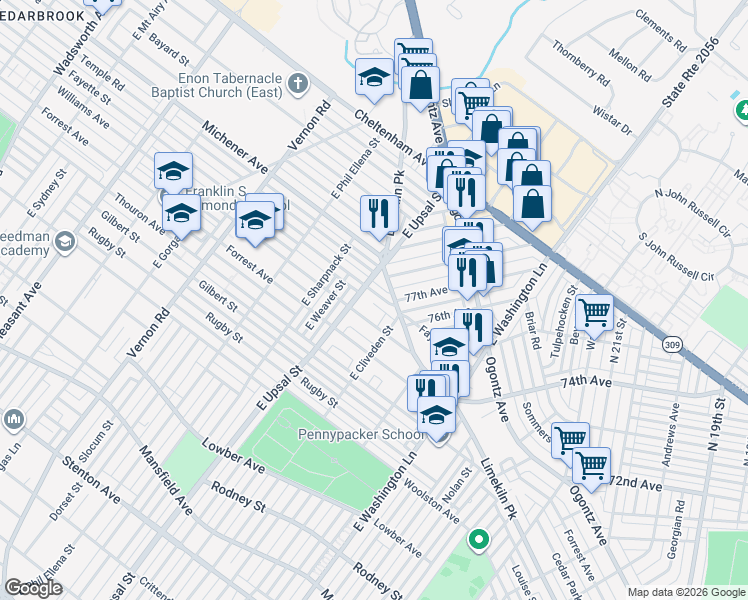map of restaurants, bars, coffee shops, grocery stores, and more near 7624 Williams Avenue in Philadelphia