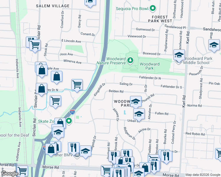 map of restaurants, bars, coffee shops, grocery stores, and more near 5065 Almont Drive in Columbus