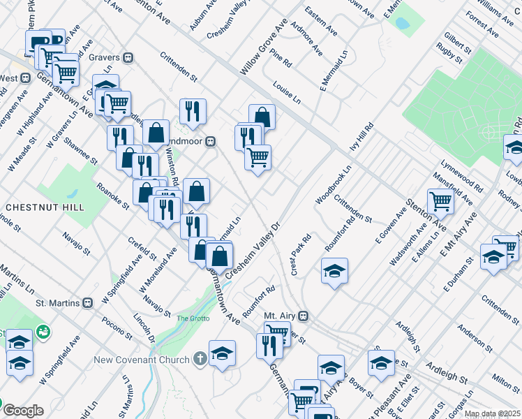map of restaurants, bars, coffee shops, grocery stores, and more near 7632 Ardleigh Street in Philadelphia