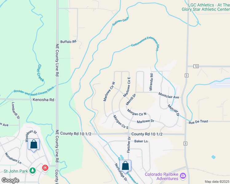 map of restaurants, bars, coffee shops, grocery stores, and more near 501-545 County Road 10 1/2 in Erie