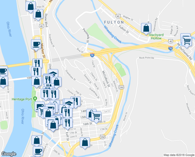 map of restaurants, bars, coffee shops, grocery stores, and more near 1039 Lind Street in Wheeling