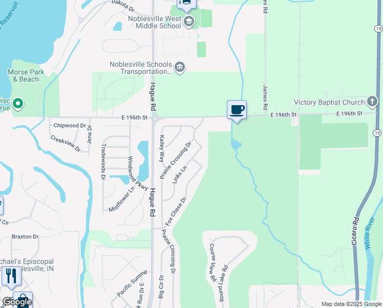 map of restaurants, bars, coffee shops, grocery stores, and more near 19455 Links Lane in Noblesville