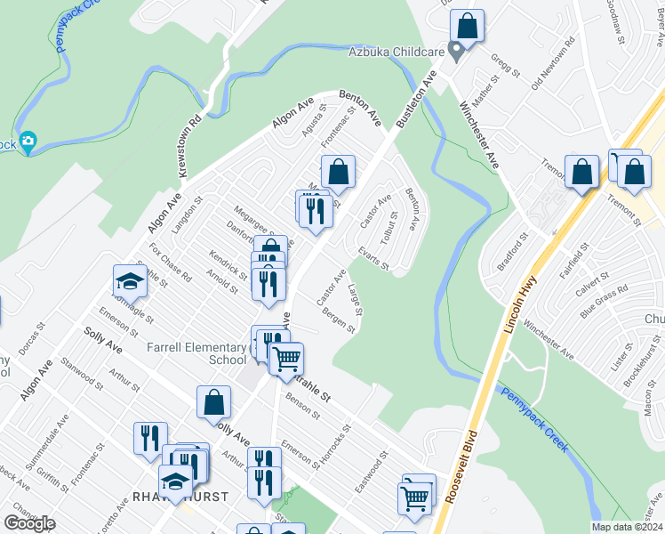 map of restaurants, bars, coffee shops, grocery stores, and more near 1916 Tustin Street in Philadelphia