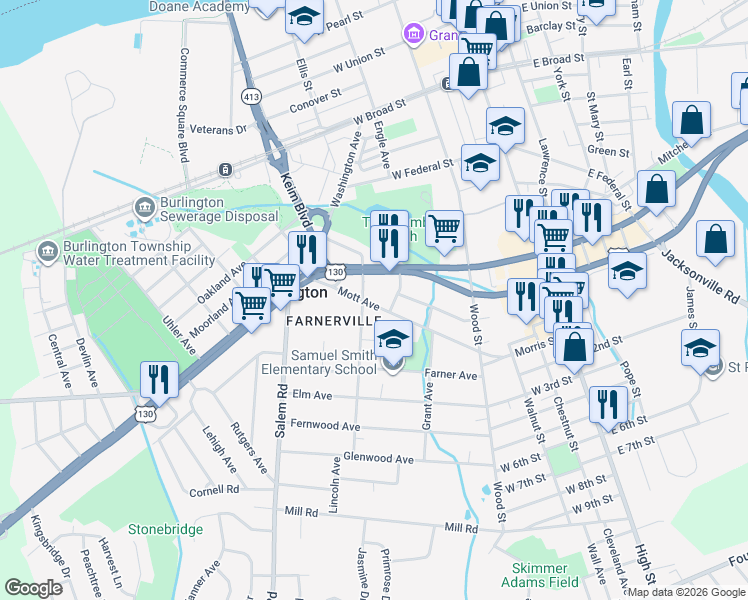 map of restaurants, bars, coffee shops, grocery stores, and more near 244 Mott Avenue in Burlington