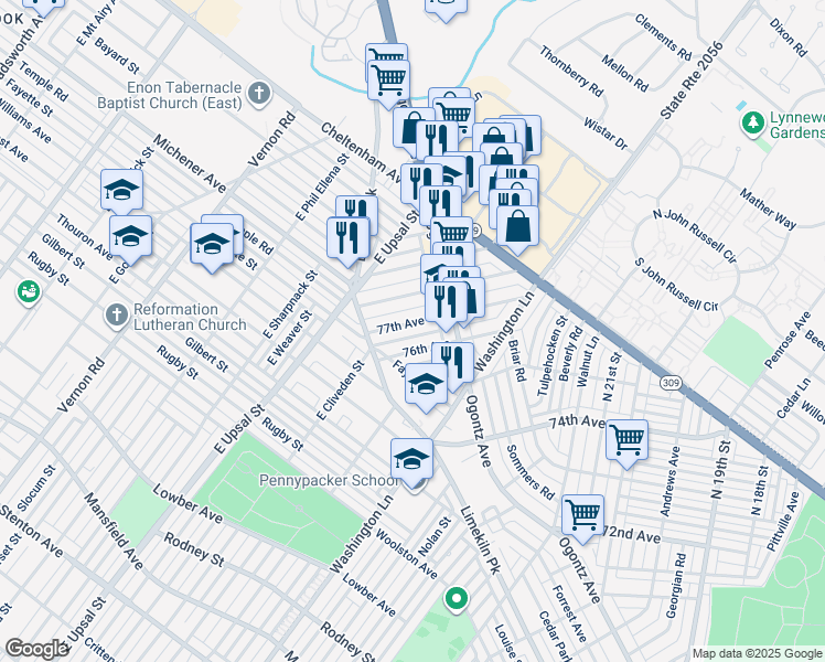 map of restaurants, bars, coffee shops, grocery stores, and more near 2450 77th Avenue in Philadelphia