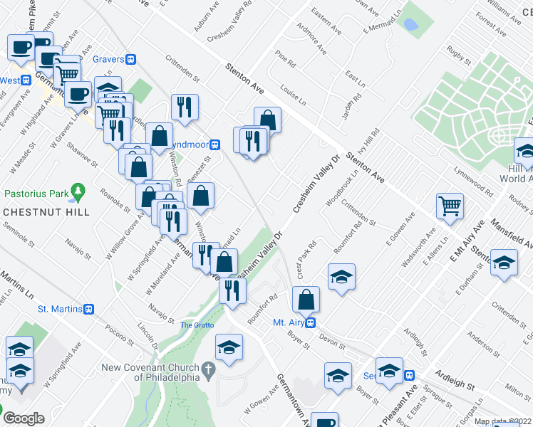 map of restaurants, bars, coffee shops, grocery stores, and more near 7632 Ardleigh Street in Philadelphia