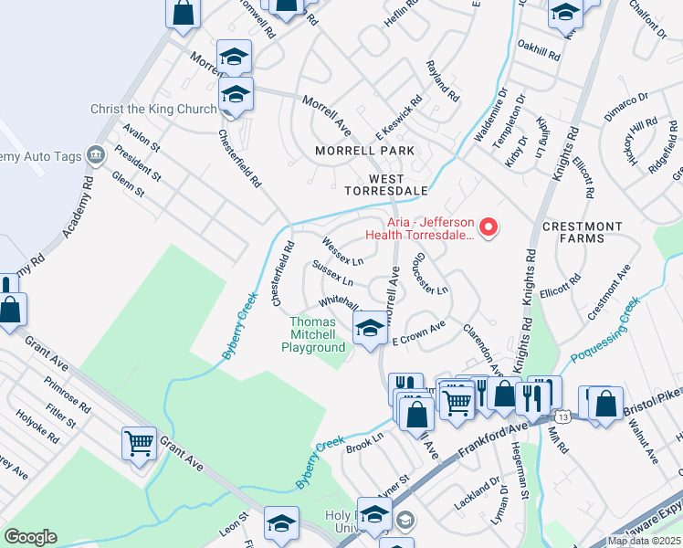 map of restaurants, bars, coffee shops, grocery stores, and more near 3532 Sussex Lane in Philadelphia